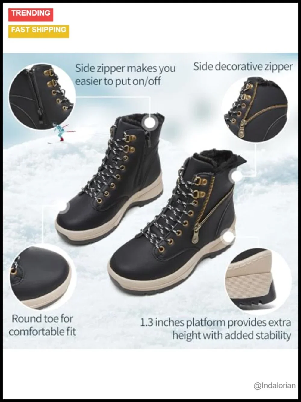 Waterproof Faux Leather Lace Up Snow Boots with Side Zipper Non Slip Hiking Work